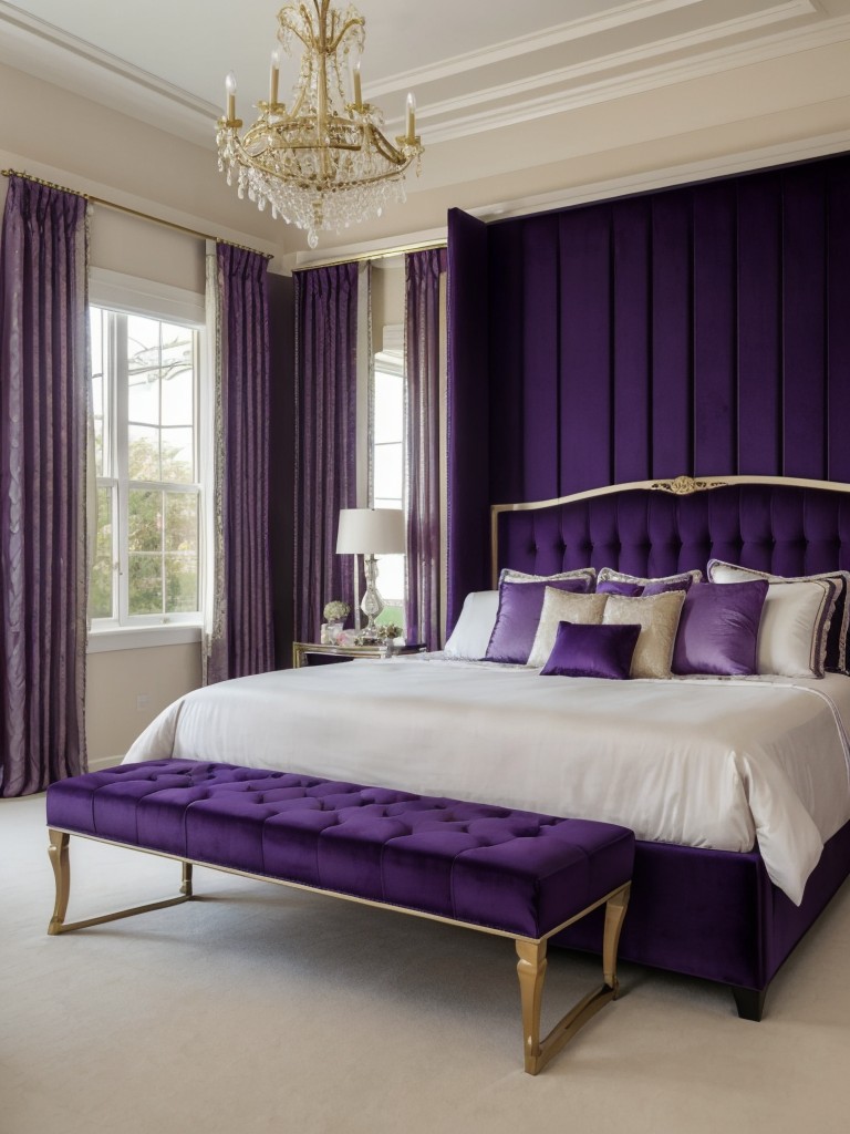 Luxurious Purple Bedroom Decor: Add Opulence with a Tufted Bench!