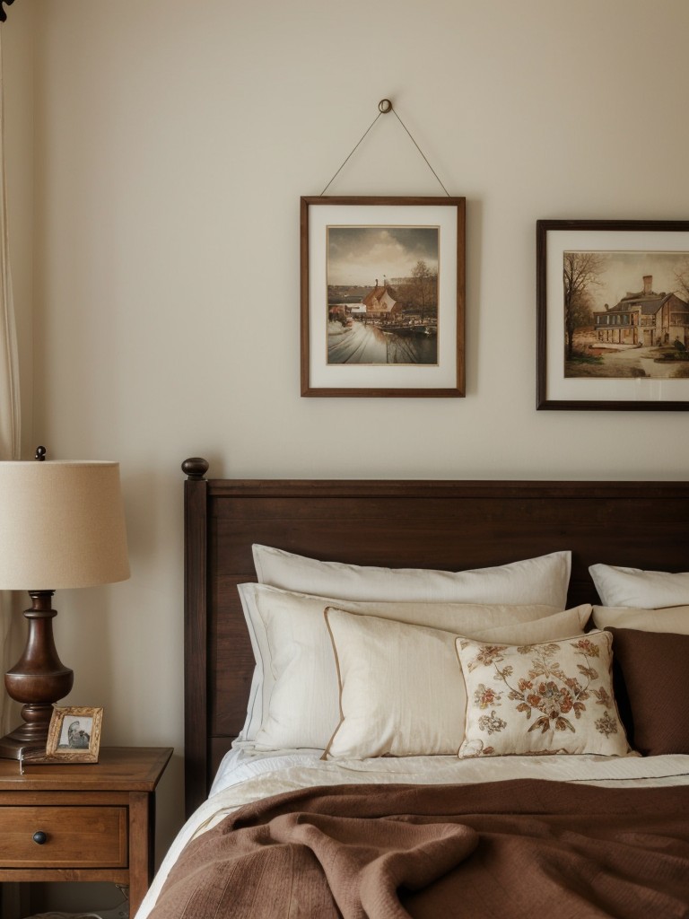 Vintage-inspired art & decor for a cozy traditional bedroom.