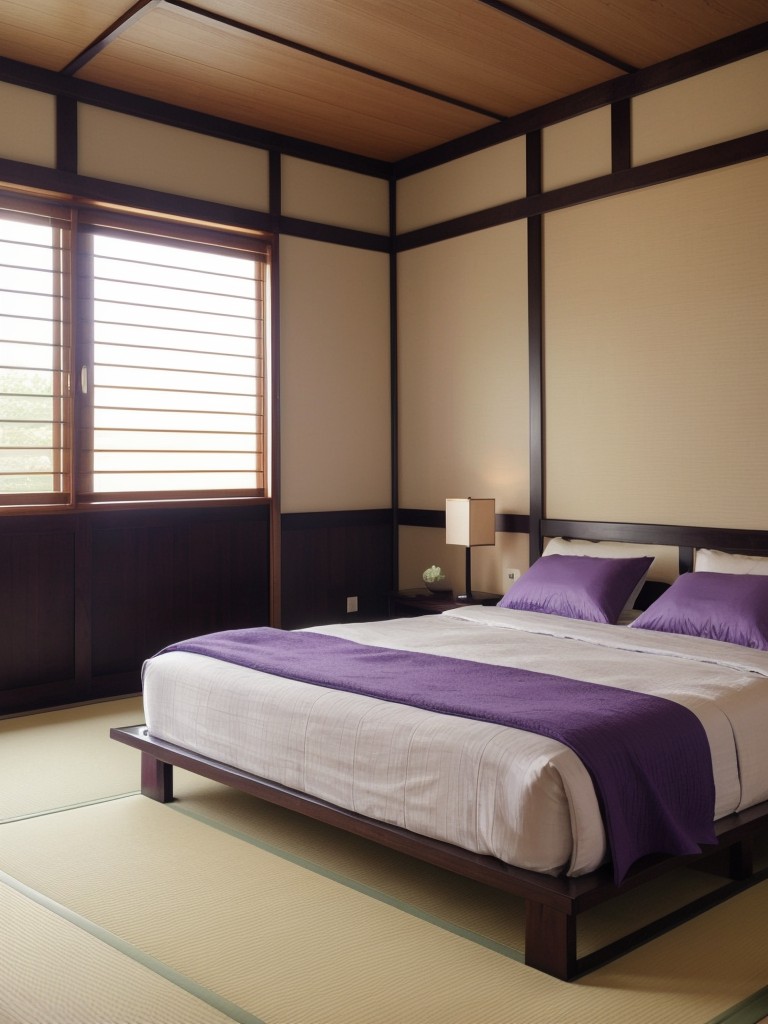 Zen-inspired bedroom retreat: Minimalist Japanese design with purple accents