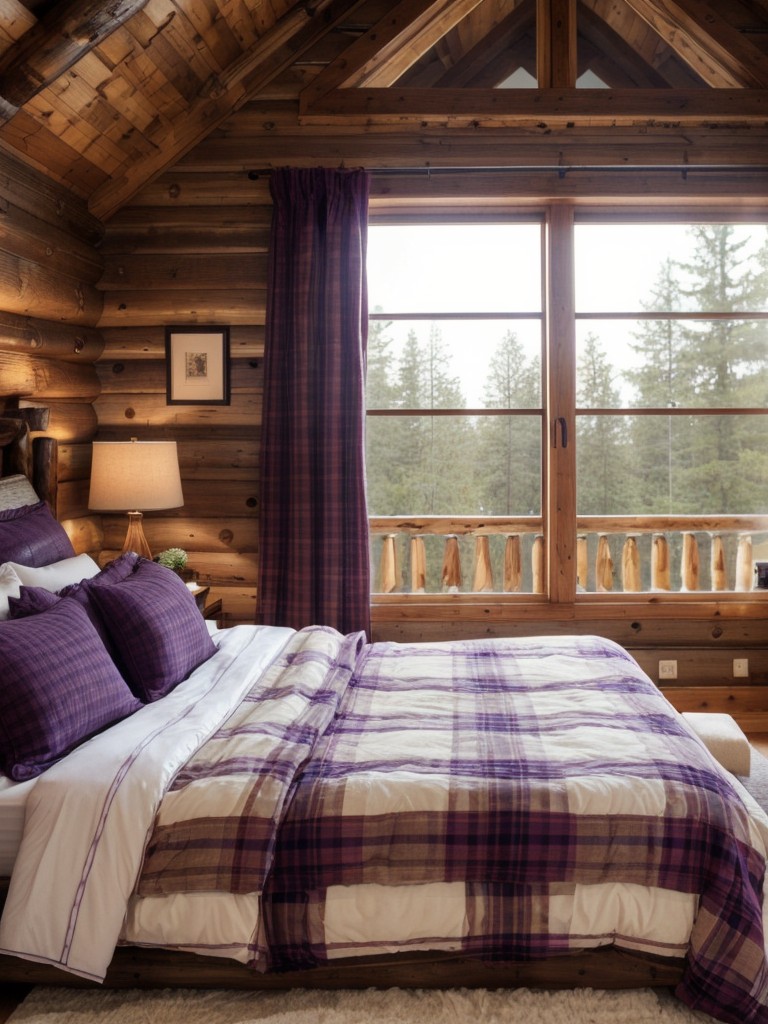 Rustic Retreat: Create a Cozy Cabin-Inspired Bedroom with Regal Purple and Warm Wood Tones!