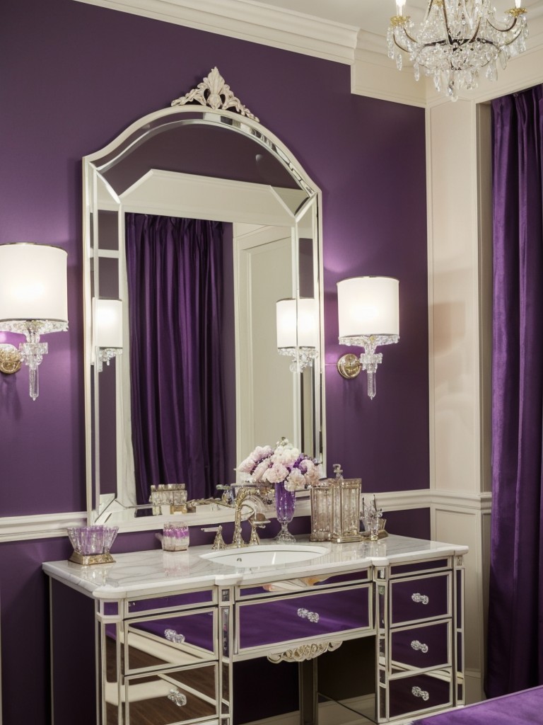 Old Hollywood Glam: Create a Regal Purple Bedroom with Mirrored Vanity & Crystal Chandelier