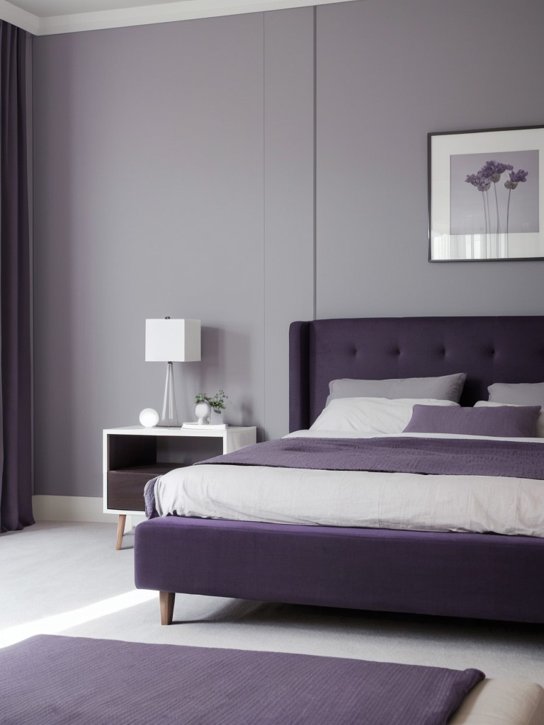 Minimalist Gray and Lavender Apartment Bedroom Ideas.