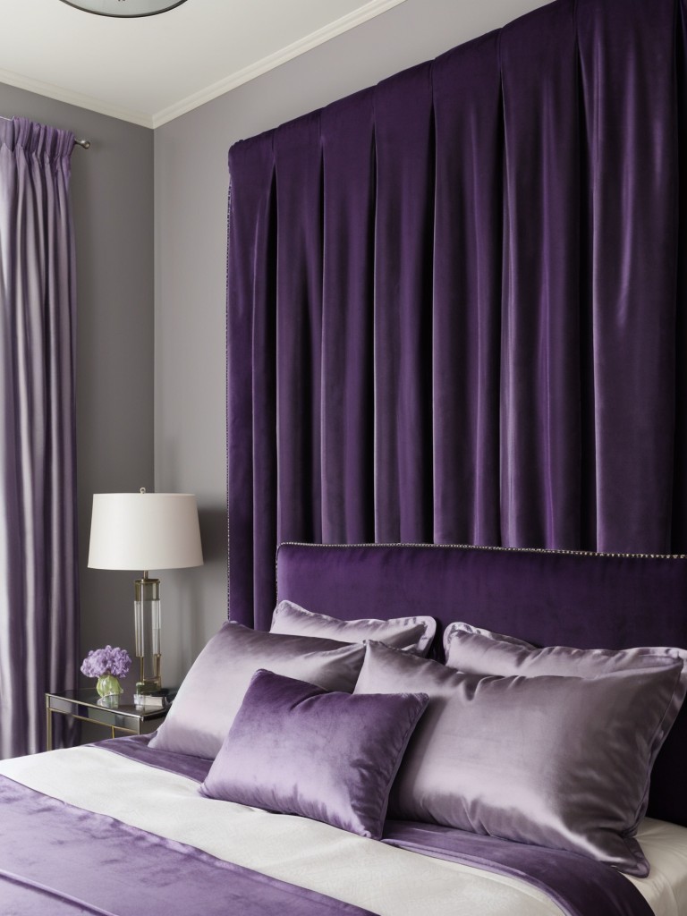 Luxurious Purple & Gray Bedroom: Velvet blankets, plush pillows, tufted headboard & silk drapes