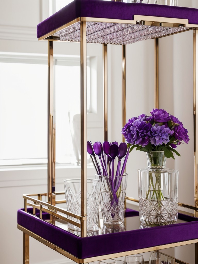 Sophisticated Glam Purple Bedroom: Stylish Bar Cart and Crystal Glass Accents