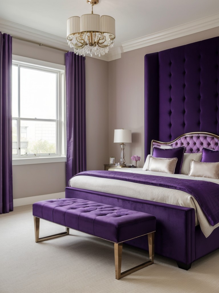 Luxurious Purple Bedroom Decor with Tufted Bench for a Glam Look!