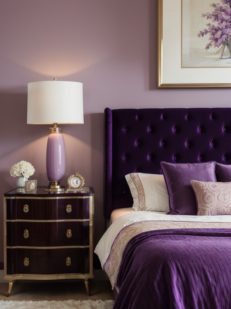 Vintage-Inspired Glam Purple Bedroom: Sophisticated Apartment Decor.