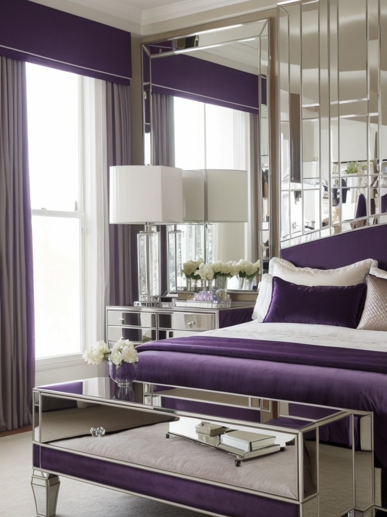 Sophisticated Glam: Purple Bedroom Decor with Mirrored Accents!