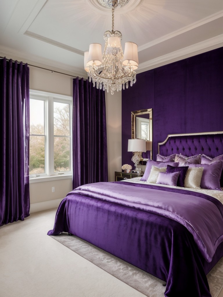 Chic Purple Bedroom: Velvet bed, plush pillows, crystal chandelier!