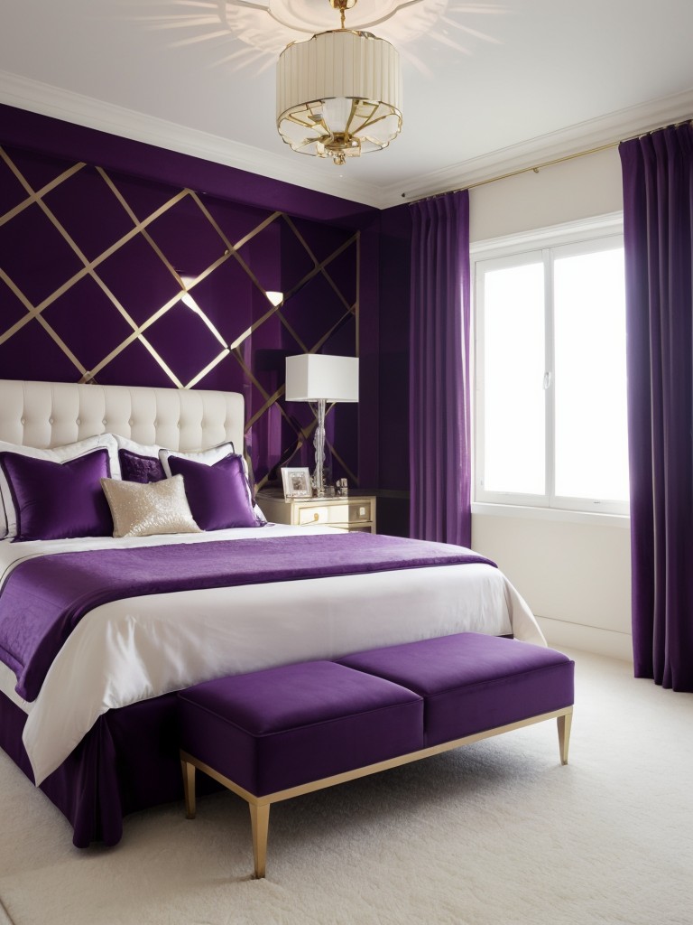 Luxe Violet Bedroom Inspo. Stylish Art Deco Decor.