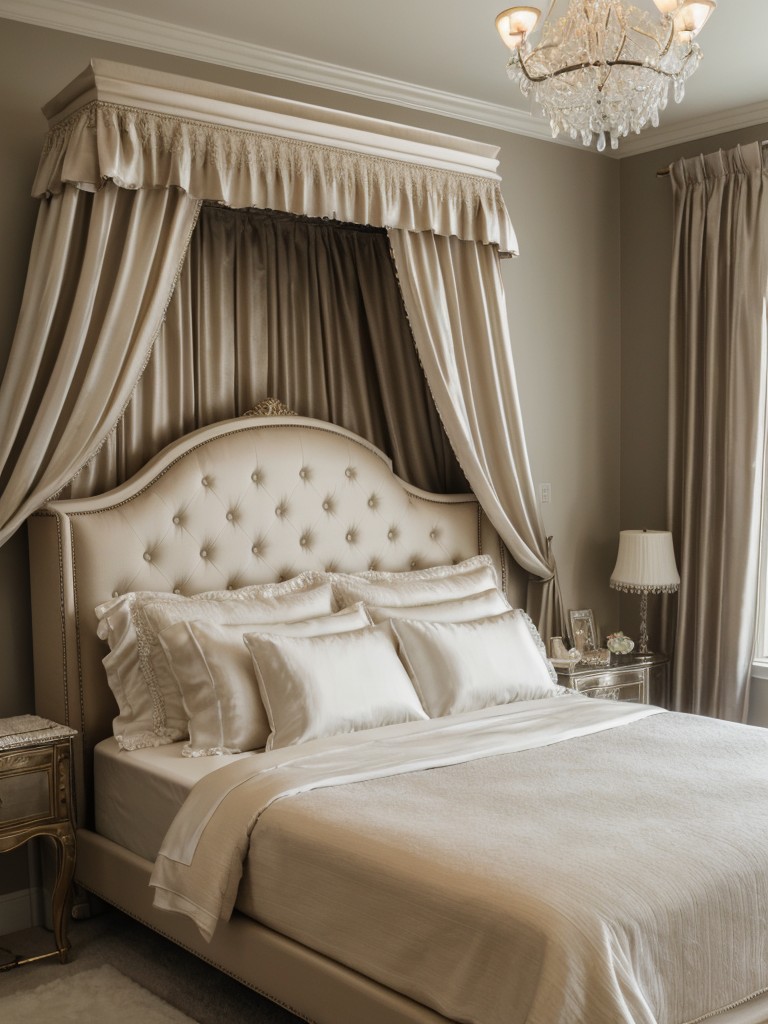 Luxury Bedroom Decor Inspo: Upholstered Bed, Silk Curtains, Crystal Vanity.