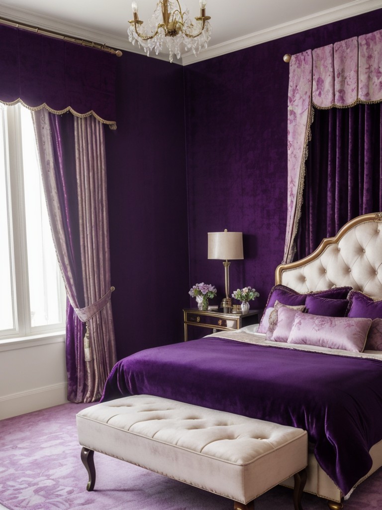 Luxurious Purple Bedroom Decor: Velvet Curtains, Upholstered Headboard, Plush Ottoman