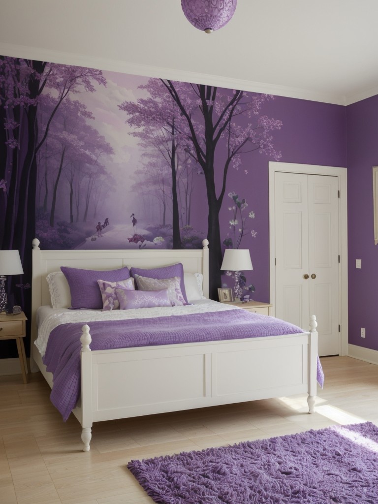 Whimsical Purple Apartment Decor: Playful Vibes with Nature-Themed Mural!