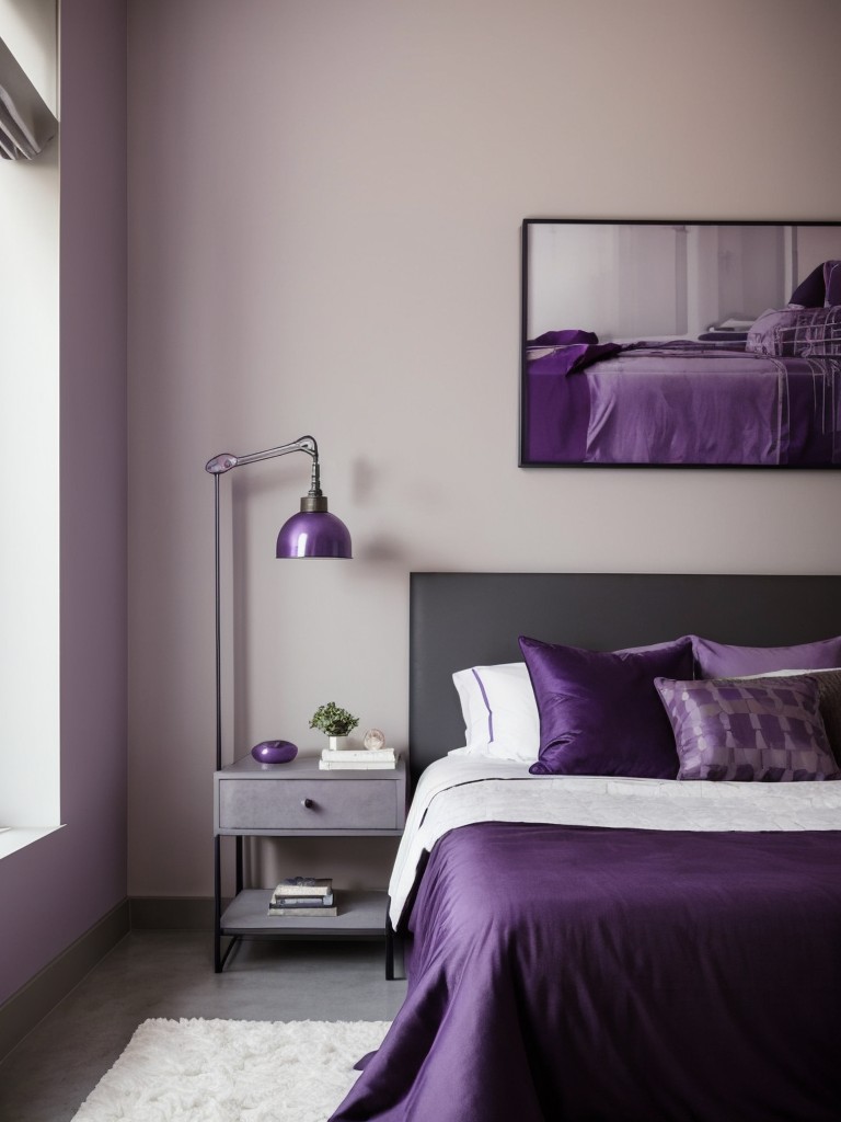 Chic Purple Apartment: Embrace modern edge with deep shades, sleek design, and metallic accents!