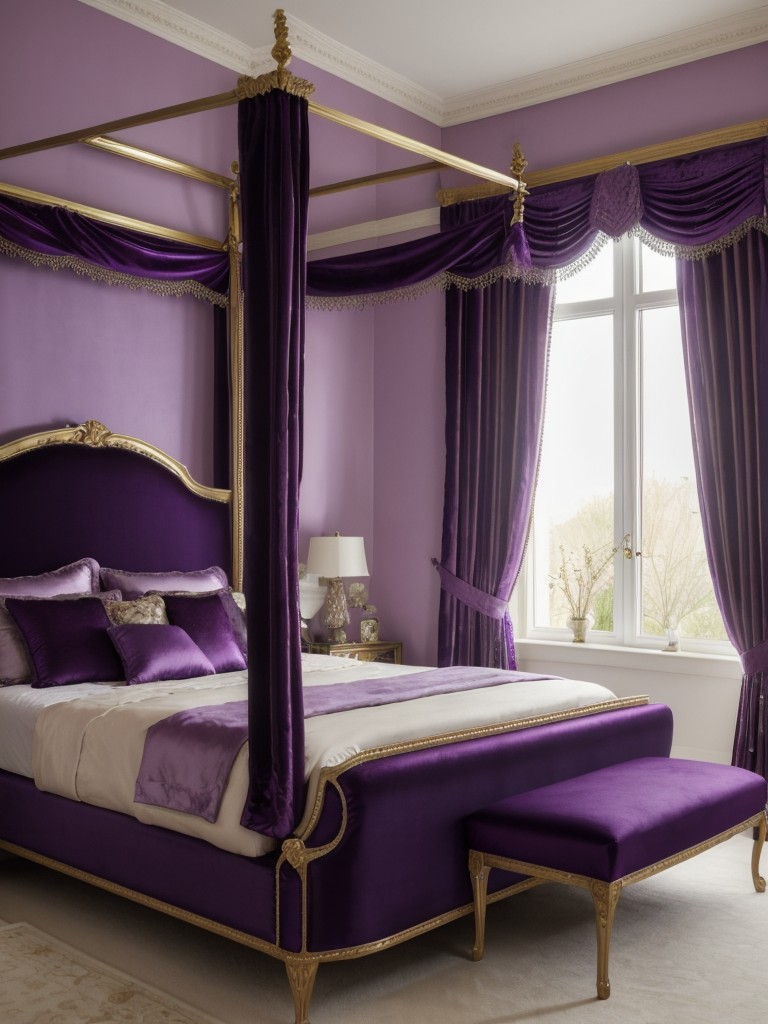 Luxurious purple bedroom: Velvet curtains, silk draperies, plush bedding