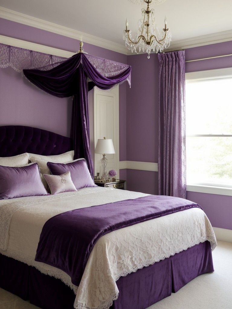 Romantic Purple Bedroom Vibes: Lace, Velvet, and Vintage Chandelier