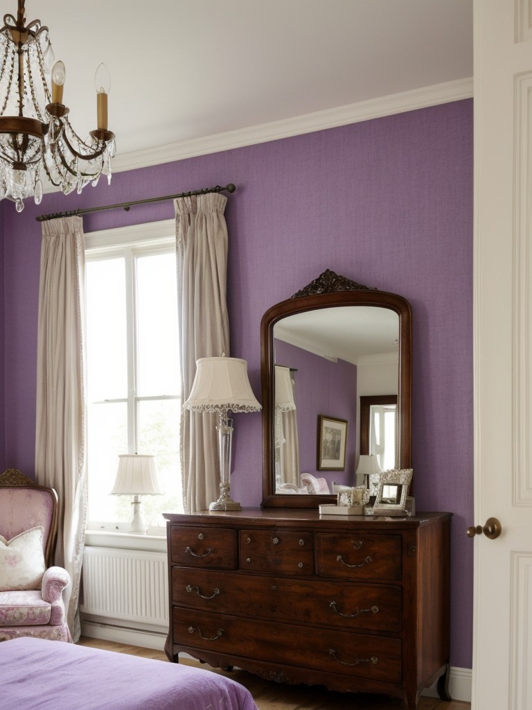 Vintage-inspired, romantic purple bedroom with antique furniture