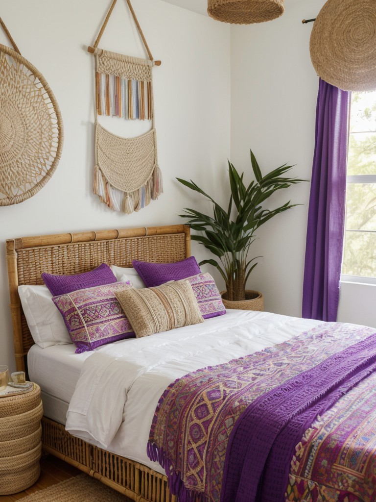 Boho Chic Bedroom: Purple Decor with Macrame & Rattan