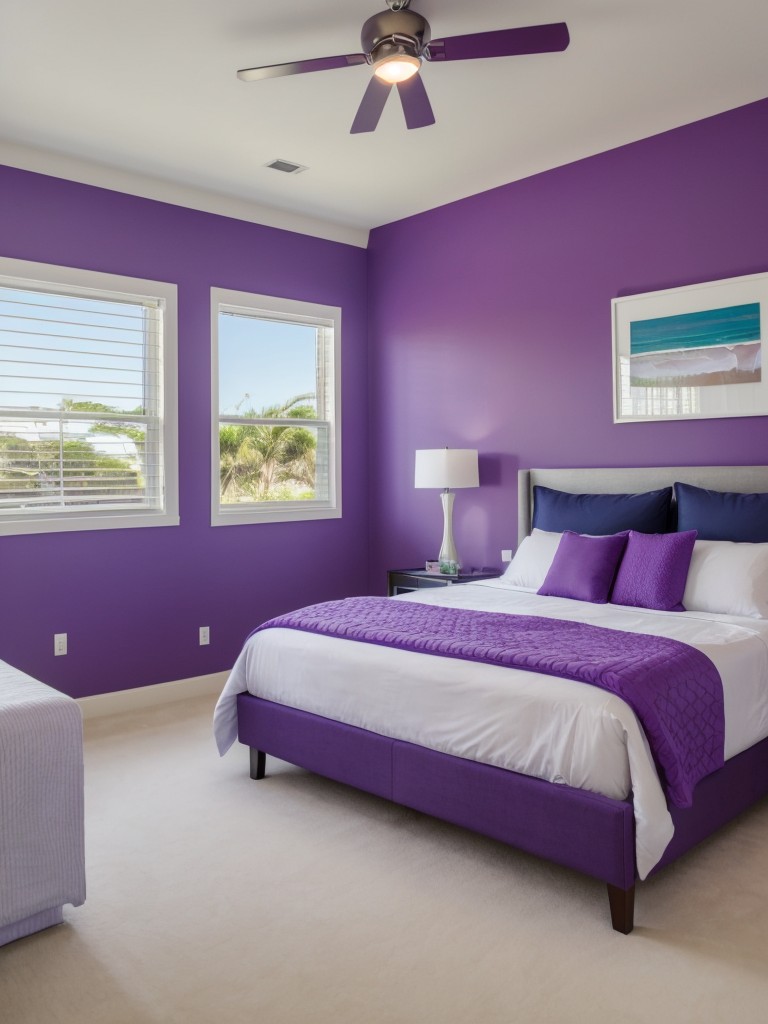 Stunning Purple Apartment Bedroom. Coastal Contemporary Vibes!