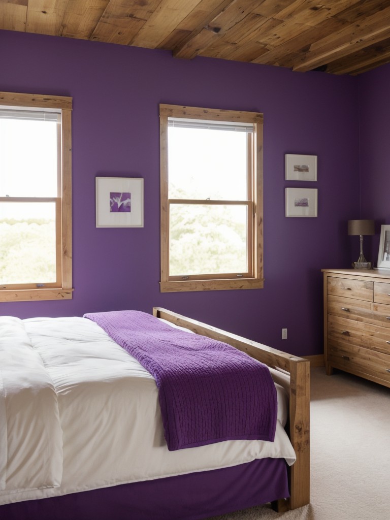 Stylish Purple Bedroom Decor. Modern Rustic Retreat.