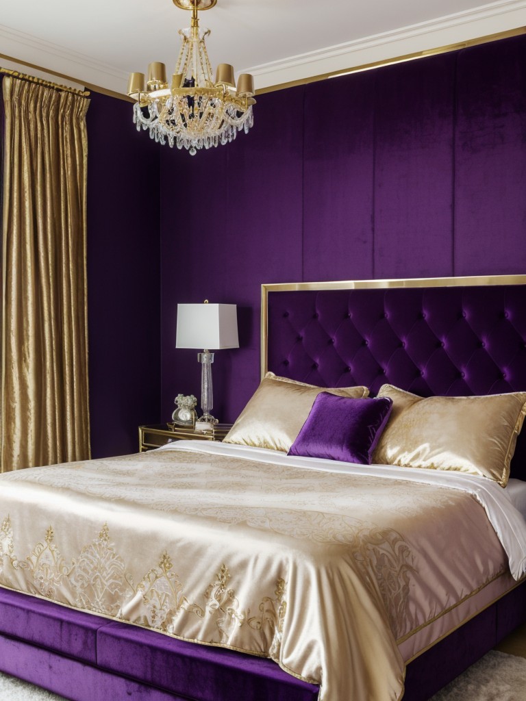 Luxurious Purple Bedroom Decor - Velvet, Chandeliers, and Gold Accents!