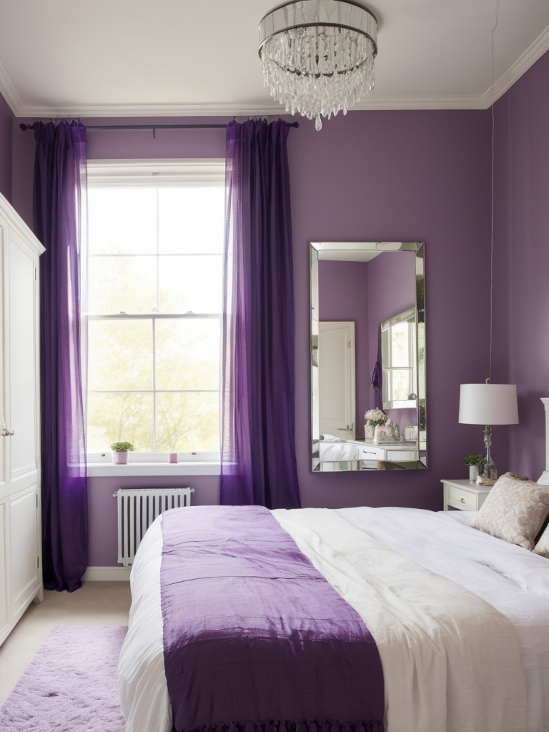 Light & Airy Purple Bedroom Decor: Sheer Curtains, String Lights & Mirrored Vanity