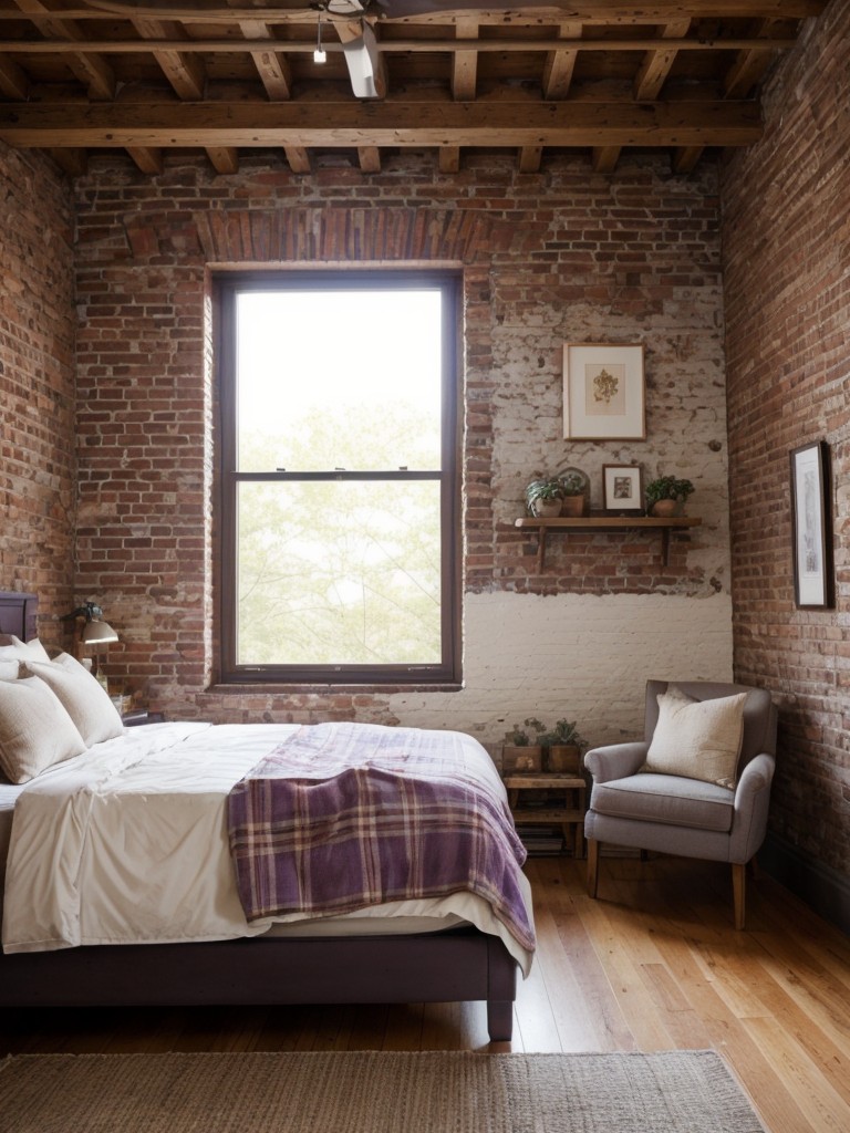 Cozy Rustic Apartment Vibes: Exposed Brick, Wood Furniture, Flannel Bedding