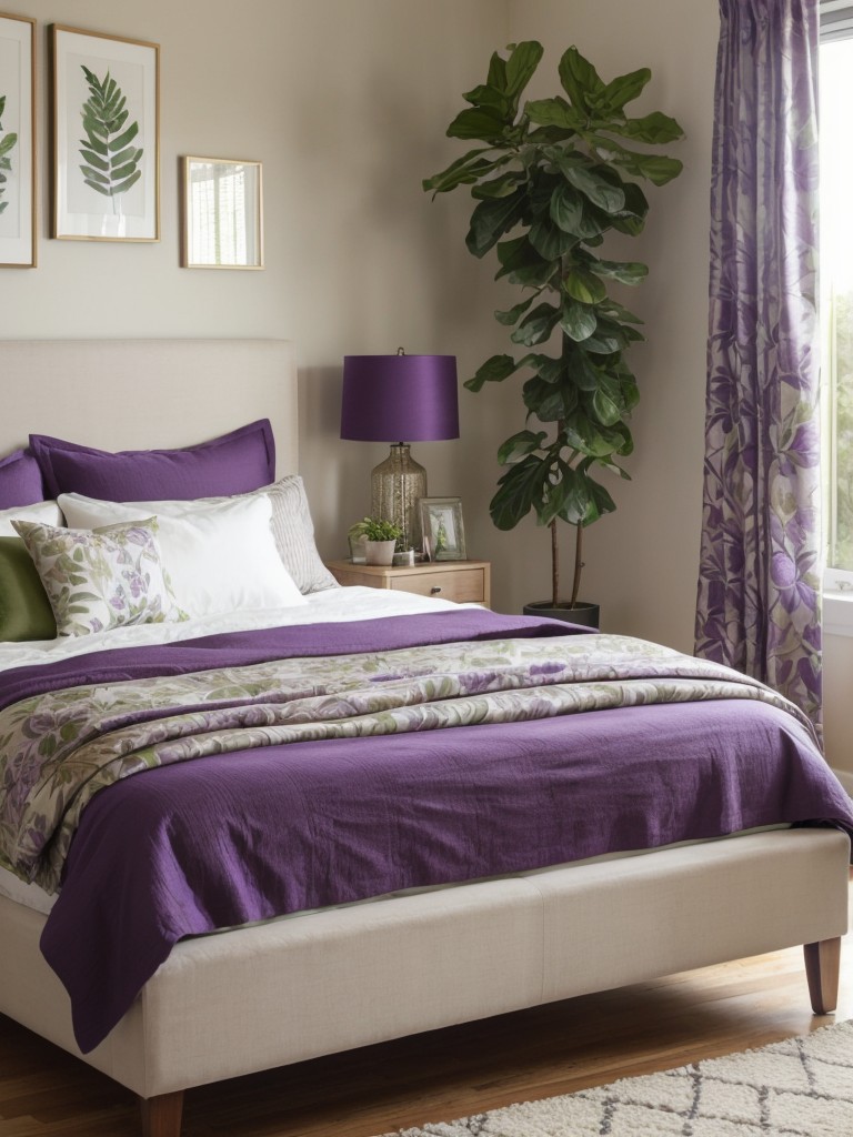 Serene Oasis: Nature-Inspired Apartment Bedroom with Purple Eclectic Decor