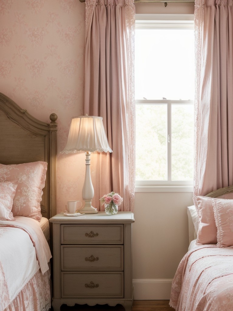 Vintage-Inspired Bedroom Decor: Charming Furniture, Lace Curtains, Pastel Hues!