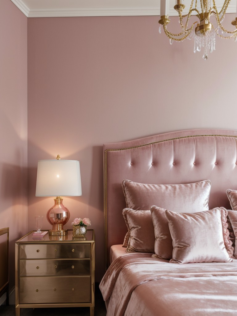 Glam up Your Bedroom with Pink Velvet and Metallic Accents!