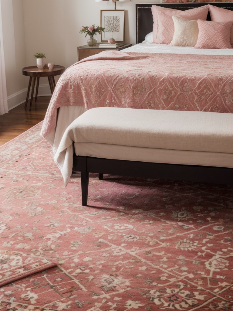 Rose-Elegant Bedroom: Add a Statement Rug for Cozy Charm!