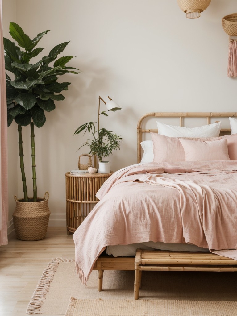 Serene Zen Retreat: Create a Whimsical Pink Bedroom with Earthy Tones & Indoor Plants!