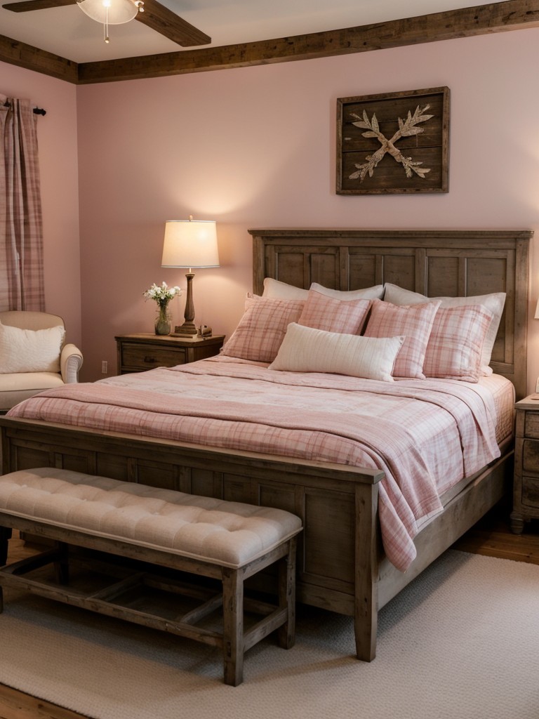 Rustic Farmhouse Bedroom: Distressed Wood, Vintage Lighting, Cozy Plaid.