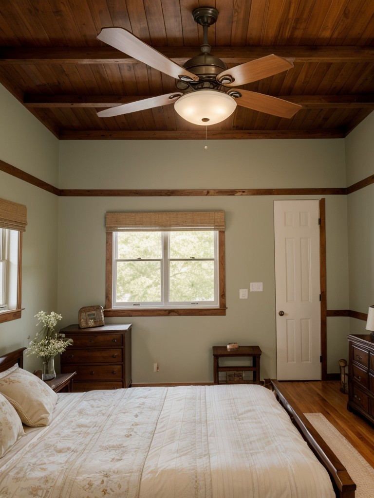 Vintage-inspired ceiling fan: A nostalgic touch for a cozy apartment bedroom.