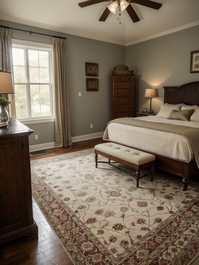 Antique-inspired rugs for a cozy and luxurious apartment bedroom.