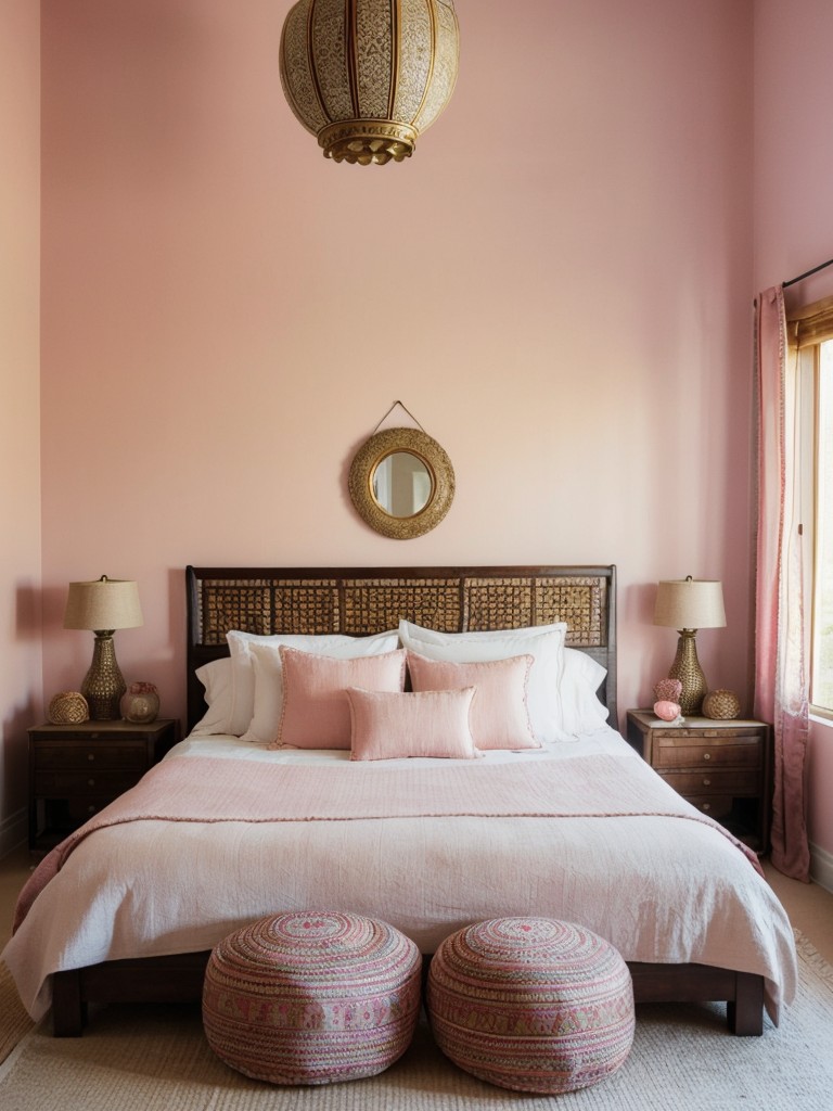 Globally Inspired Pink Bedroom: Moroccan poufs, Indian tapestries, African prints.