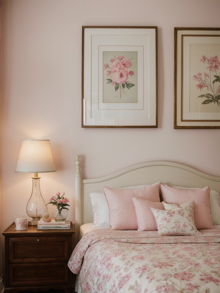 Whimsical Pink Bedroom Decor: Vintage Art & Botanical Prints