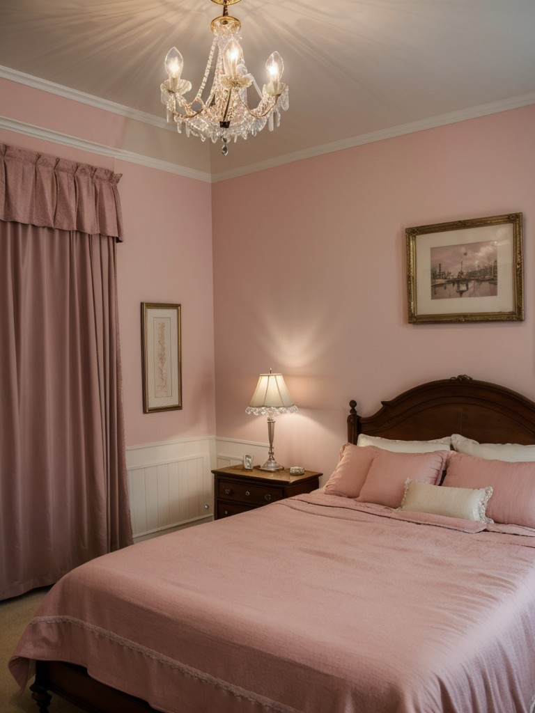 Charming Pink Bedroom Decor: Vintage Glamour with Crystal Chandeliers