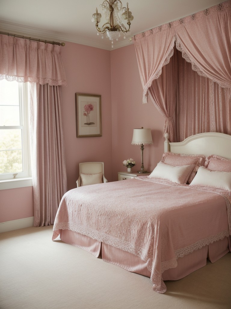 Pink Vintage Bedroom: Timeless Elegance with Delicate Lace Accents