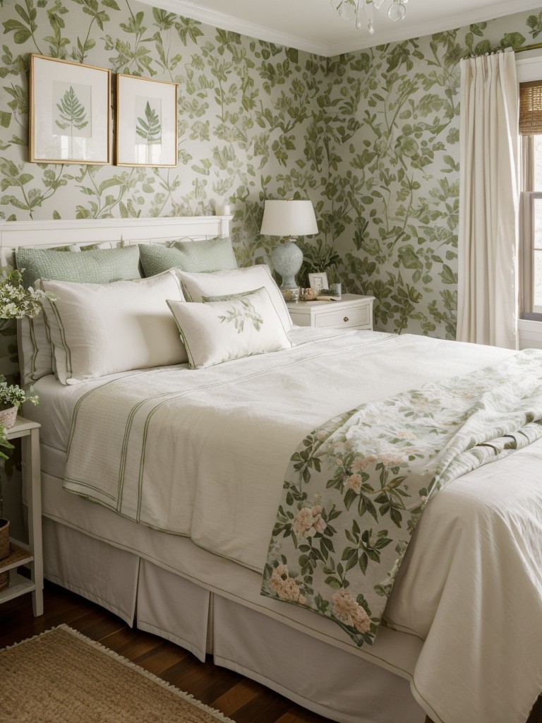 Serene Traditional Bedroom Decor Ideas: Floral Wallpaper and Botanical Accents.