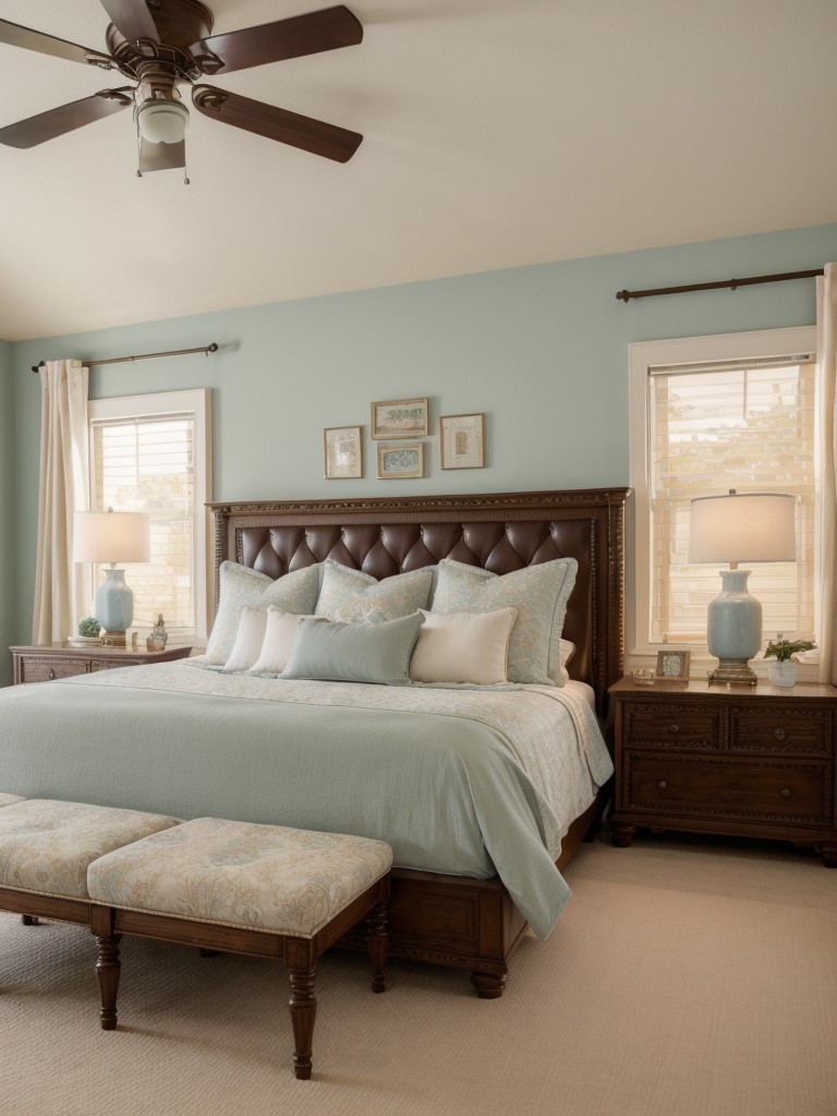 Inspiring Traditional Bedroom Decor: Tufted Upholstered Bed and Lush Wood Accents.