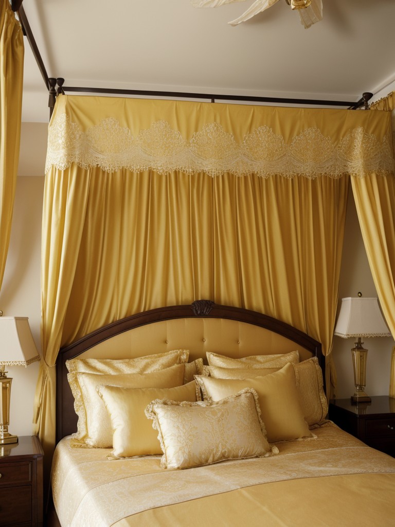 Golden touch: Transform your bedroom with opulent canopy bed and lace accents. #apartmentinspo