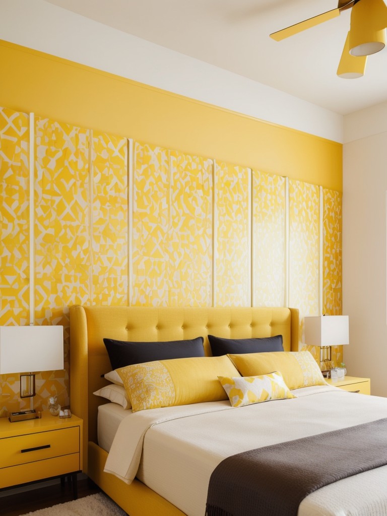 Golden dreams: Transform your bedroom with a modern platform bed and vibrant accents.