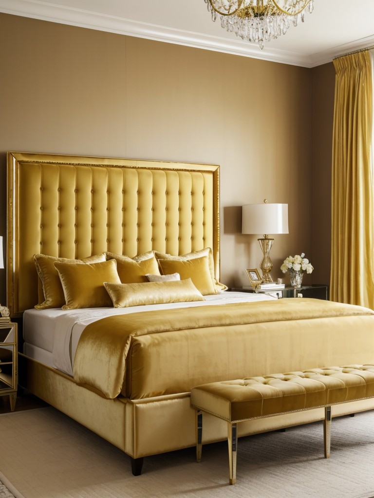 Glam golden haven: Elevate your bedroom with luxe velvet, mirrors & crystals