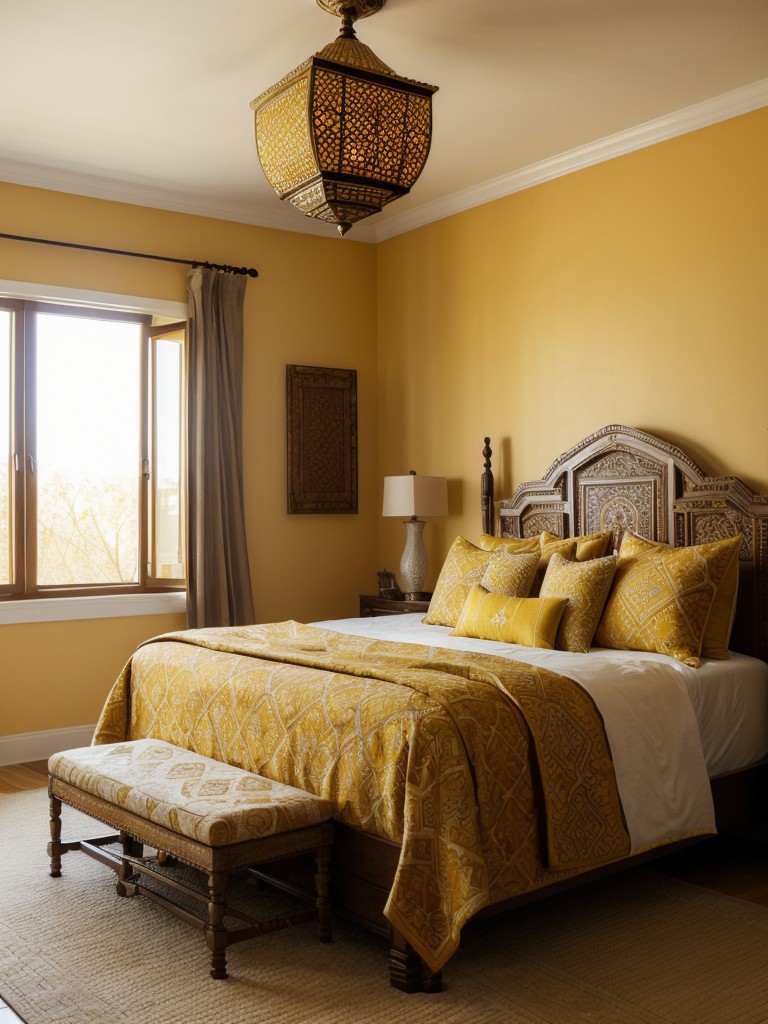 Moroccan-inspired oasis: Elevate your bedroom with golden hues and intricate patterns!