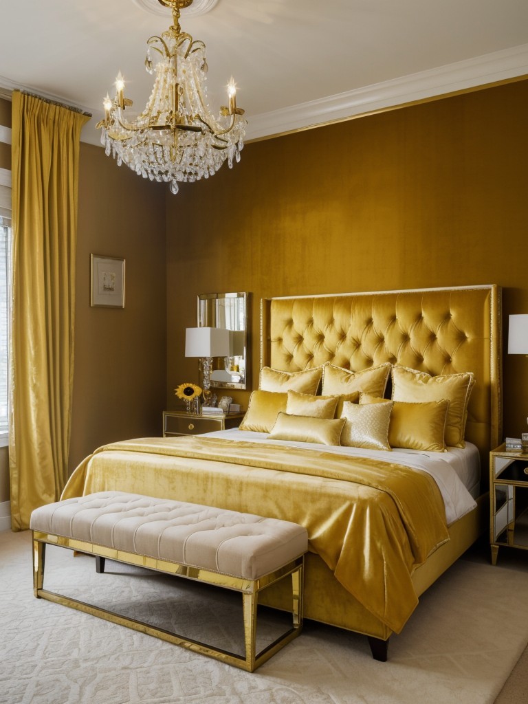 Sunflower chic: Create a luxe yellow bedroom with velvet, mirrors, and crystals.