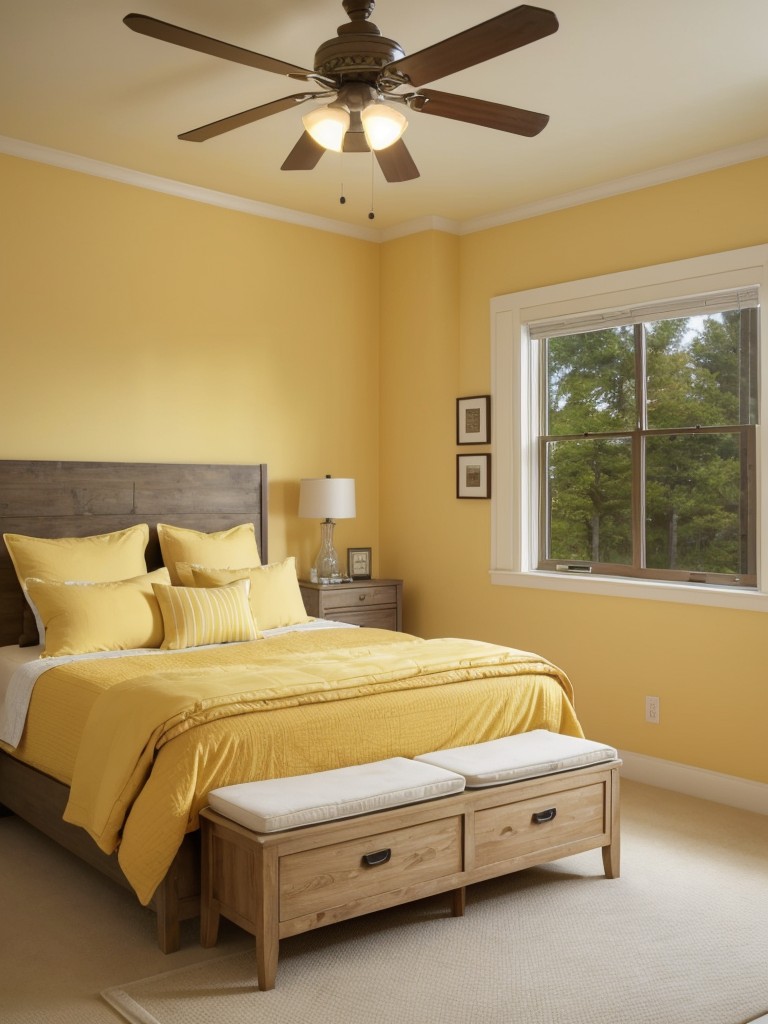 Maximize your apartment space with multi-functional furniture and warm yellow bedroom decor!