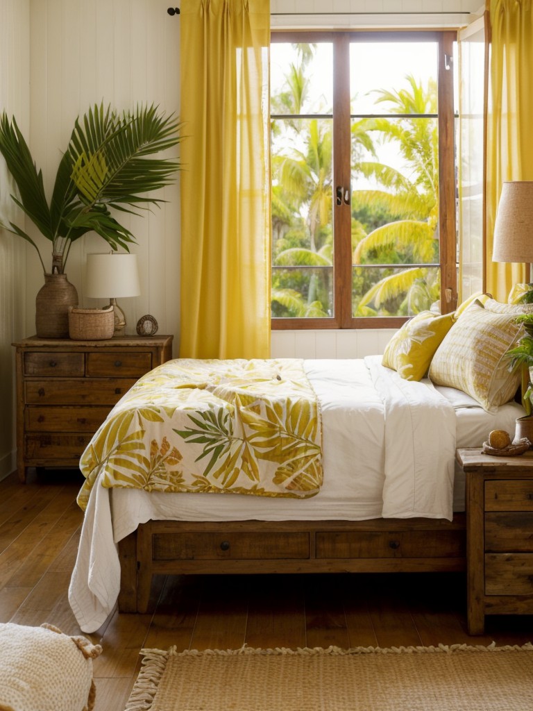 Tropical Bedroom Oasis: Embrace rustic charm & cozy up with wooden accents & distressed furniture.