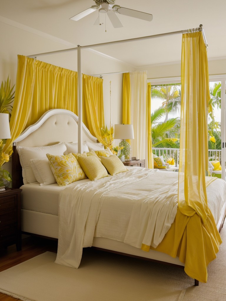 Feminine and romantic tropical bedroom retreat! Get inspired with a yellow paradise theme. ??