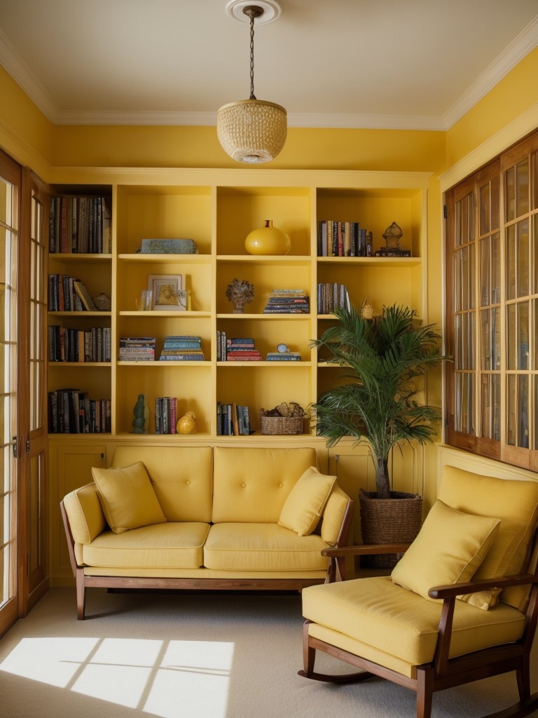 Tropical bedroom retreat: Cozy nook, plush seating, and bookshelf bliss!