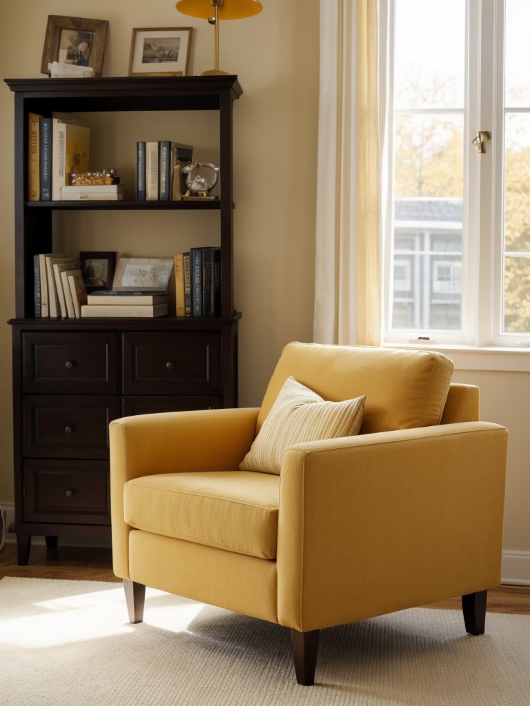 Cozy up your bedroom with yellow decor: Lounge chair, floor lamp, bookshelf & more!